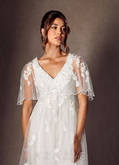 Azazie Renesmee Wedding Dress Diamond White A-Line Sequins Tulle Dress diamond_white