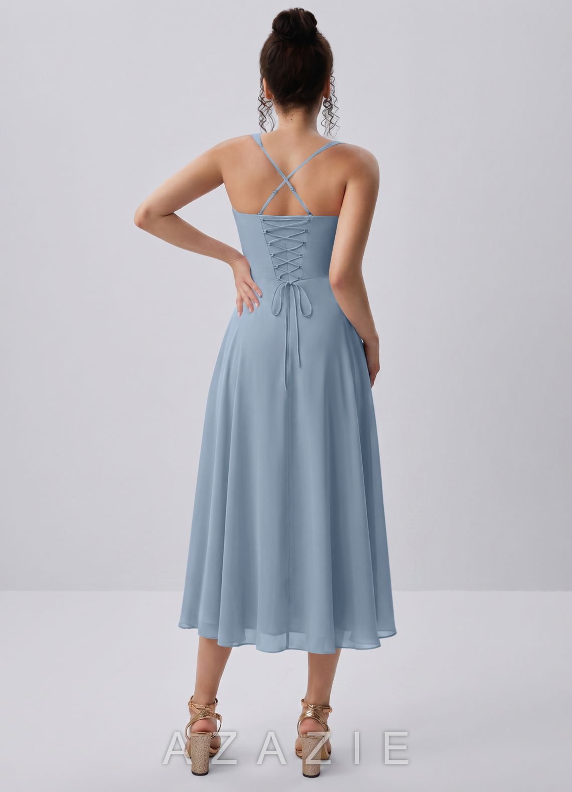 Huguette Dusty Blue Sweetheart Lace-Up Chiffon Midi Dress
