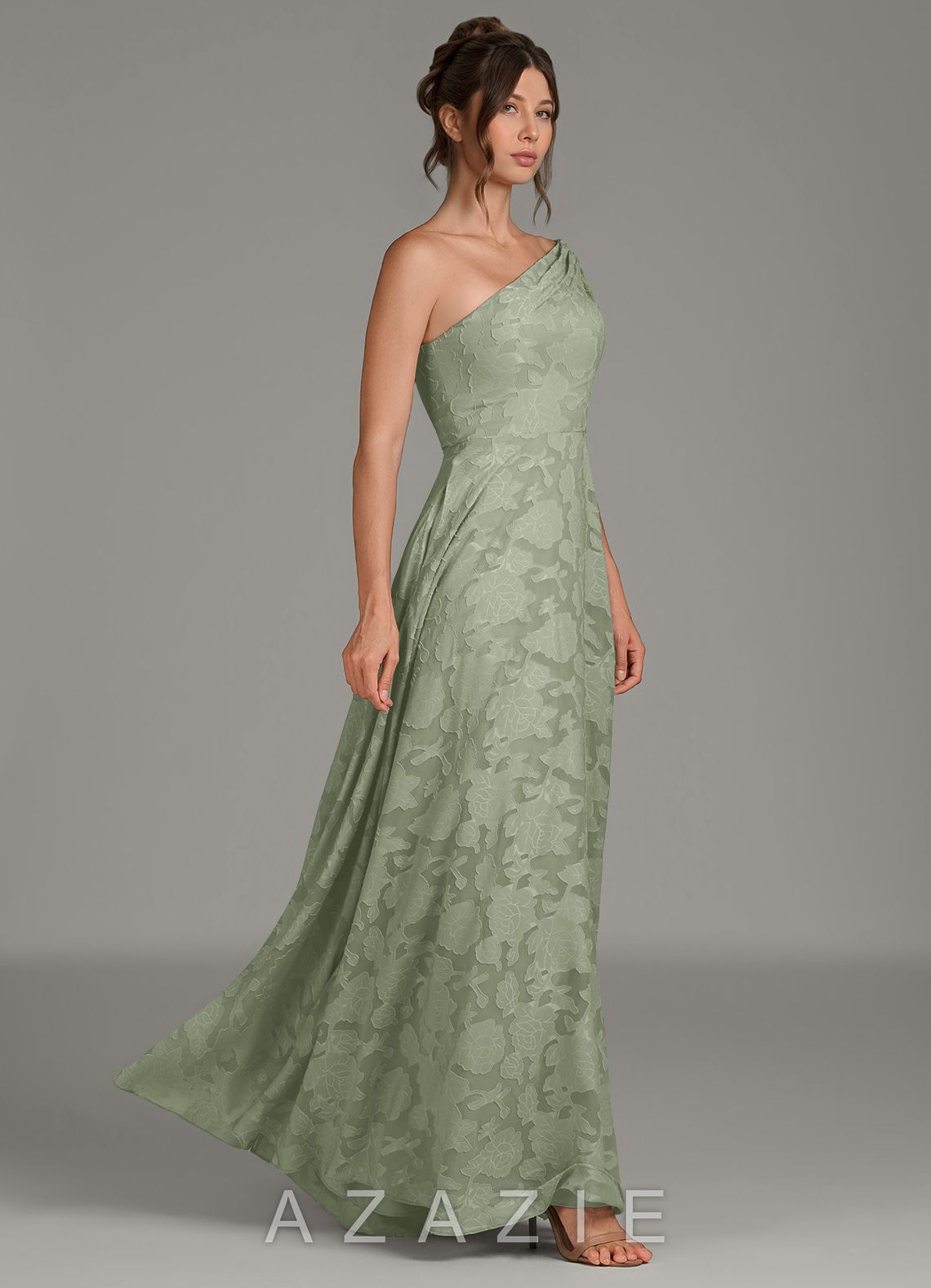 Azazie Melanie Agave A-Line One Shoulder Floral Burnout Dress agave
