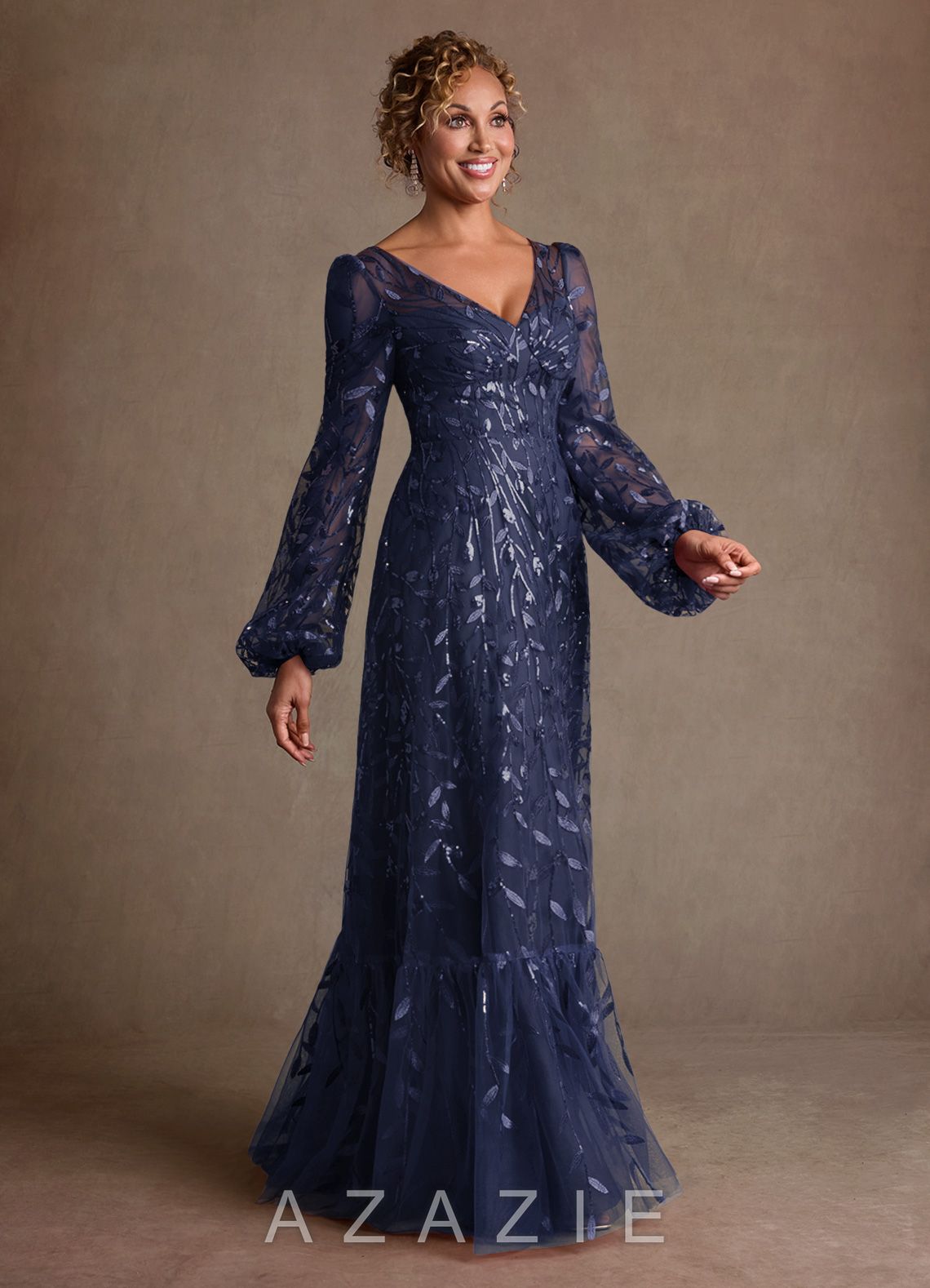 Azazie Mazie Dark Navy A-Line Lace Tulle Dress dark_navy