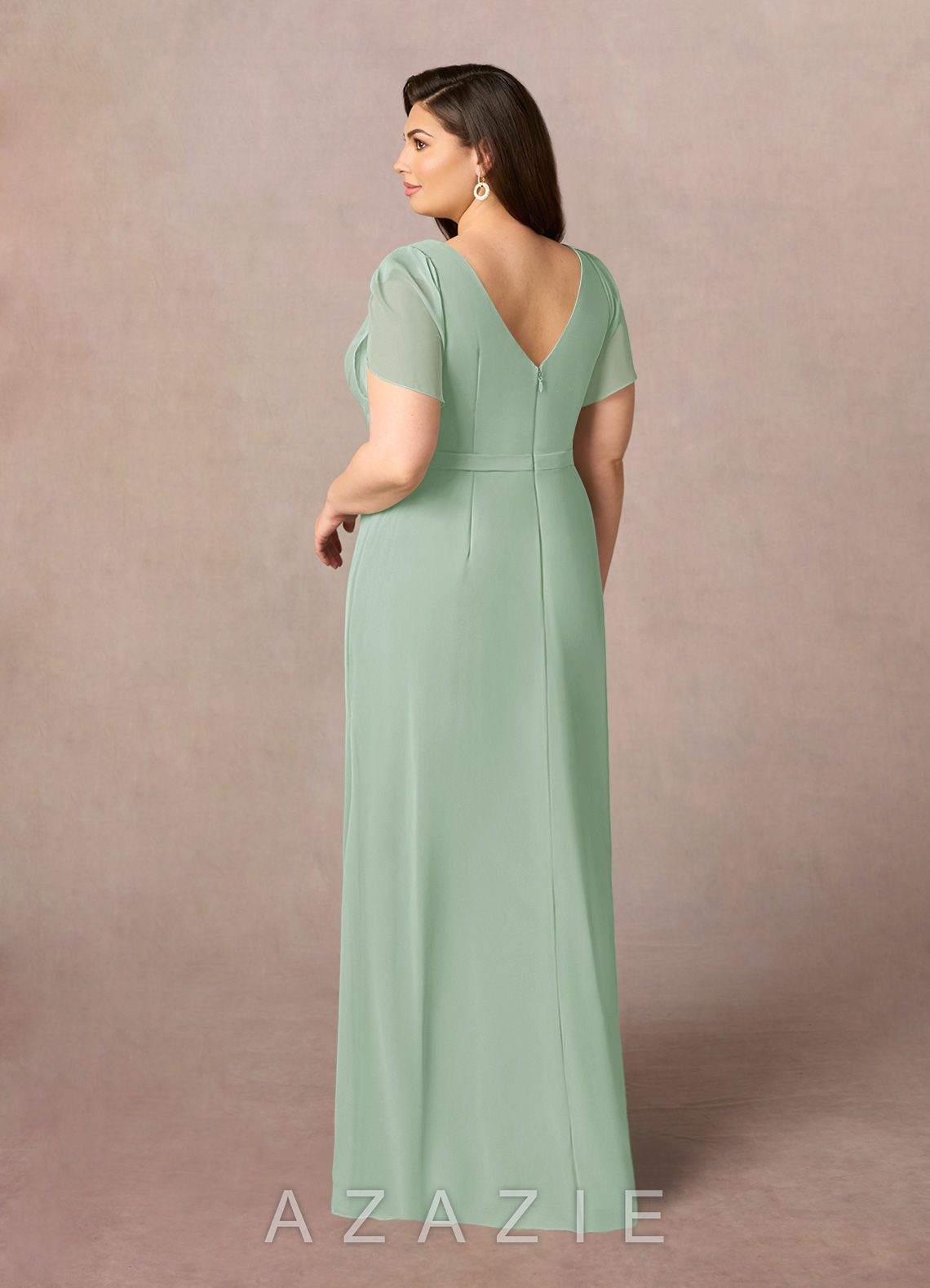 Azazie Marianne Agave Sheath V-Neck Pleated Chiffon Dress agave