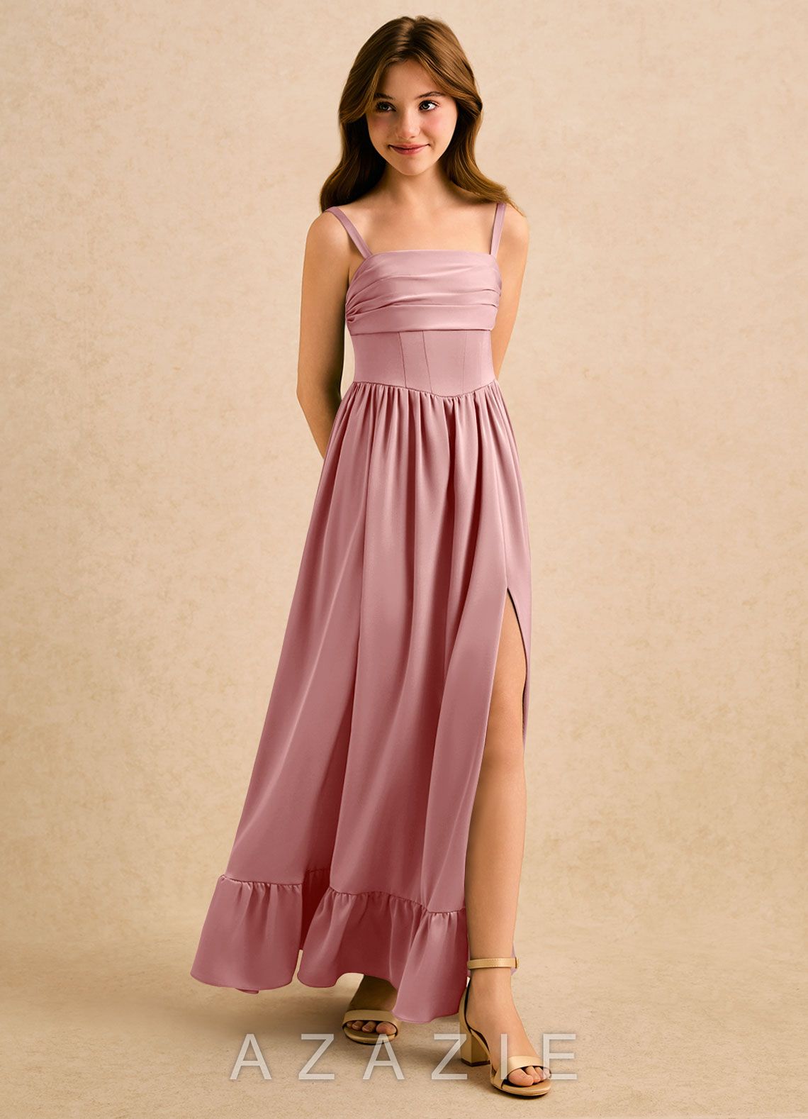 Azazie Maisie Girls Formal Dusty Rose A-Line Ruched Stretch Satin Dress dusty_rose