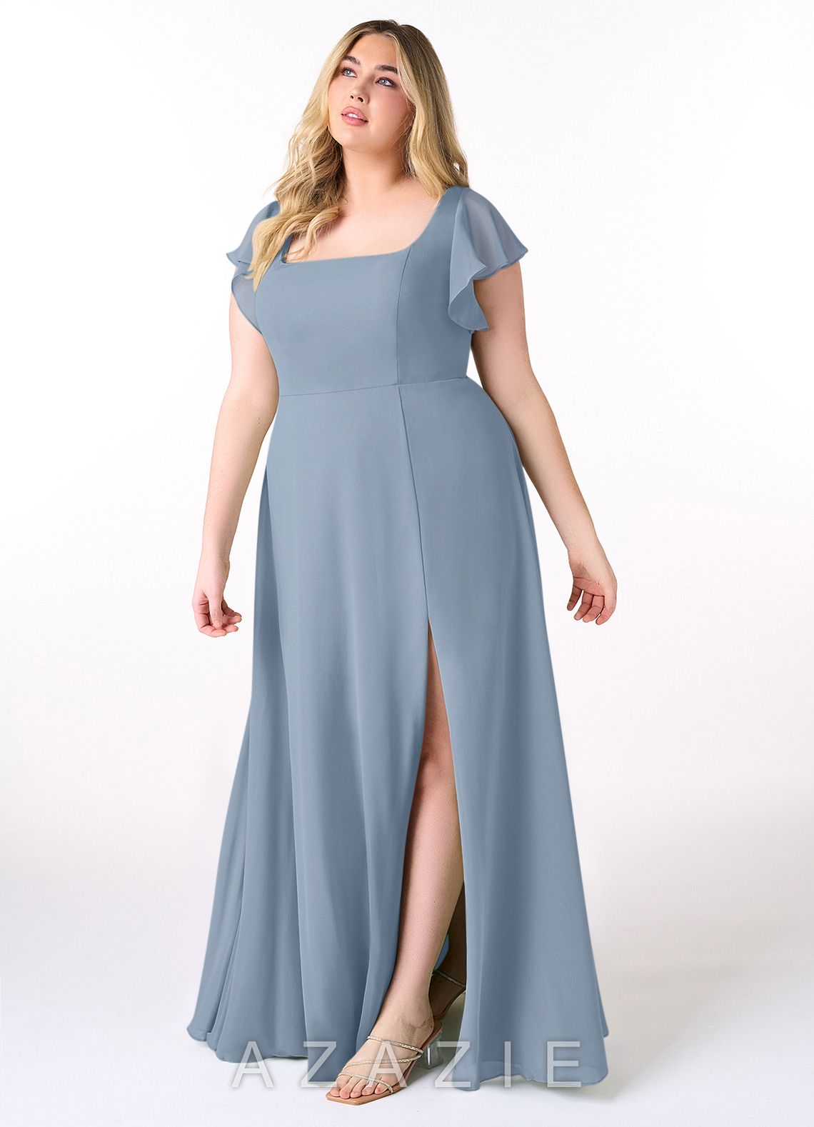 Azazie Bondi Dusty Blue A-Line Ruffled Chiffon Dress dusty_blue