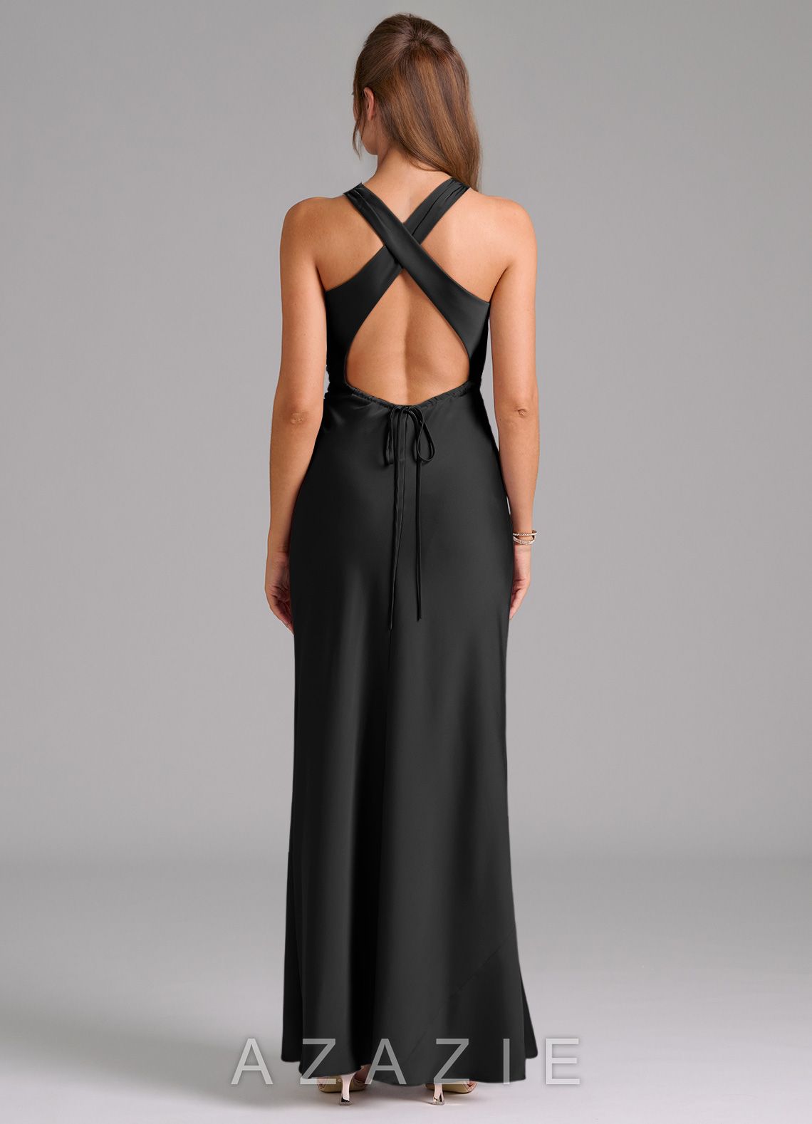 Azazie Evadne Black Sheath Pleated Stretch Satin Dress black