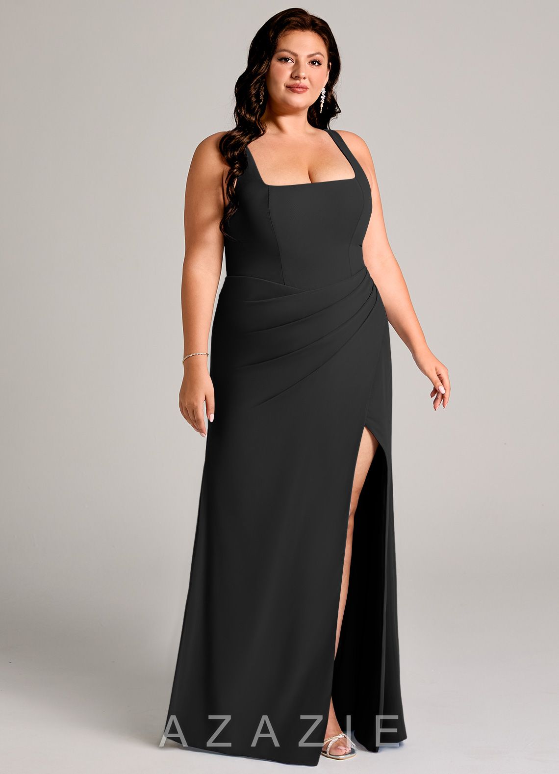 Azazie Mero Black Sheath Pleated Chiffon Dress black