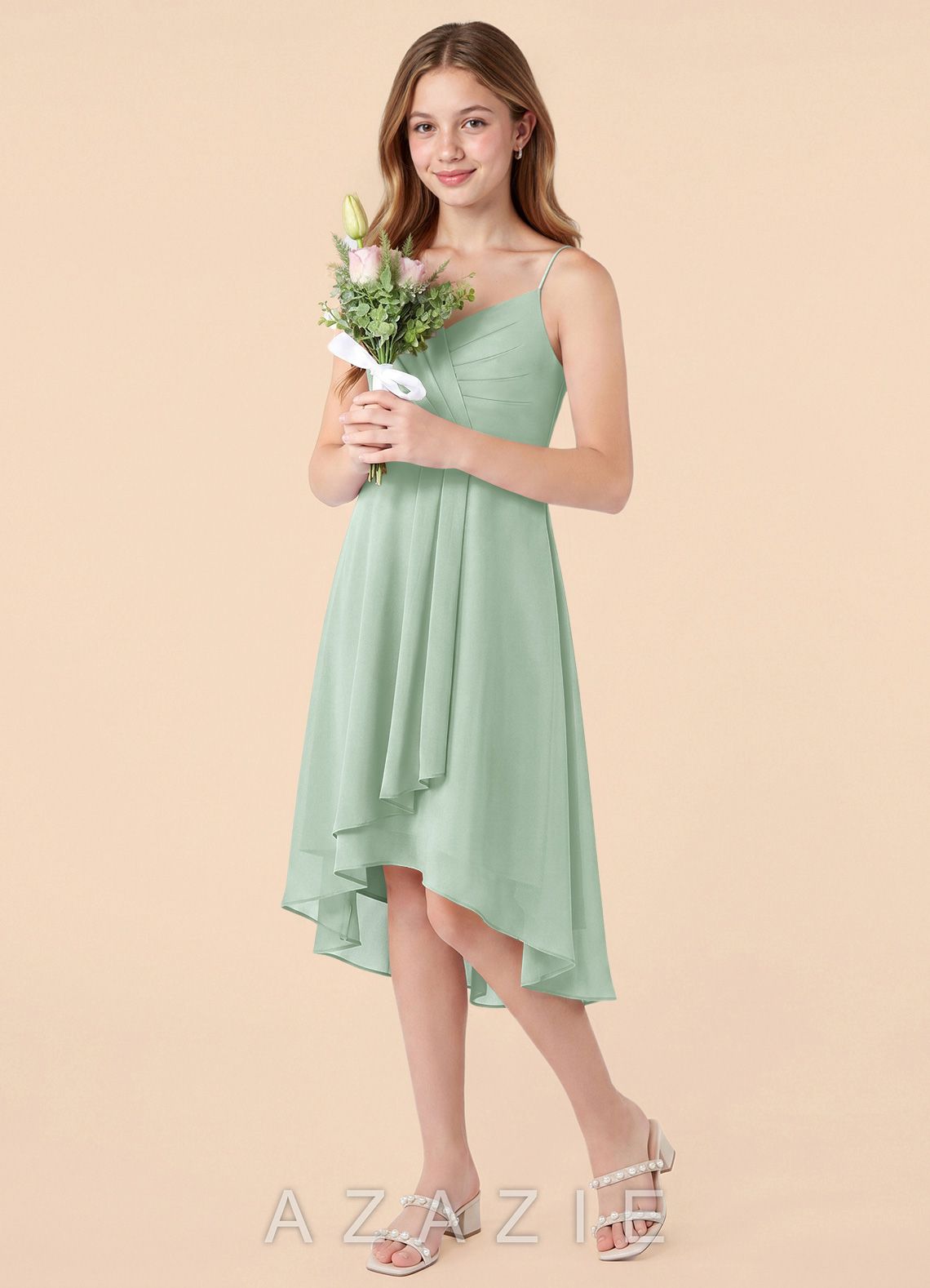 Azazie Mariam Junior Agave A-Line Pleated Chiffon Dress agave