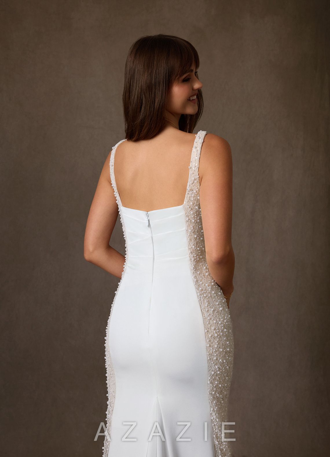 Azazie Shauna Diamond White Champagne Sheath Square Neckline Crepe Back Satin Dress diamond_white/champagne