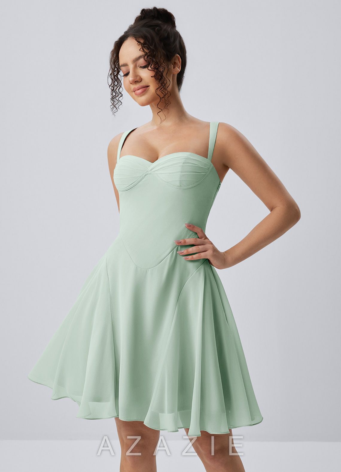 Isadora Agave Green Spaghetti Strap Chiffon Lace-Up Skater Mini Dress