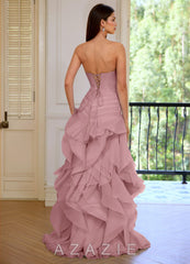 Aurelia Dusty Pink Floral Sweetheart Neckline A-line Ruffle Asymmetrical Prom Dr