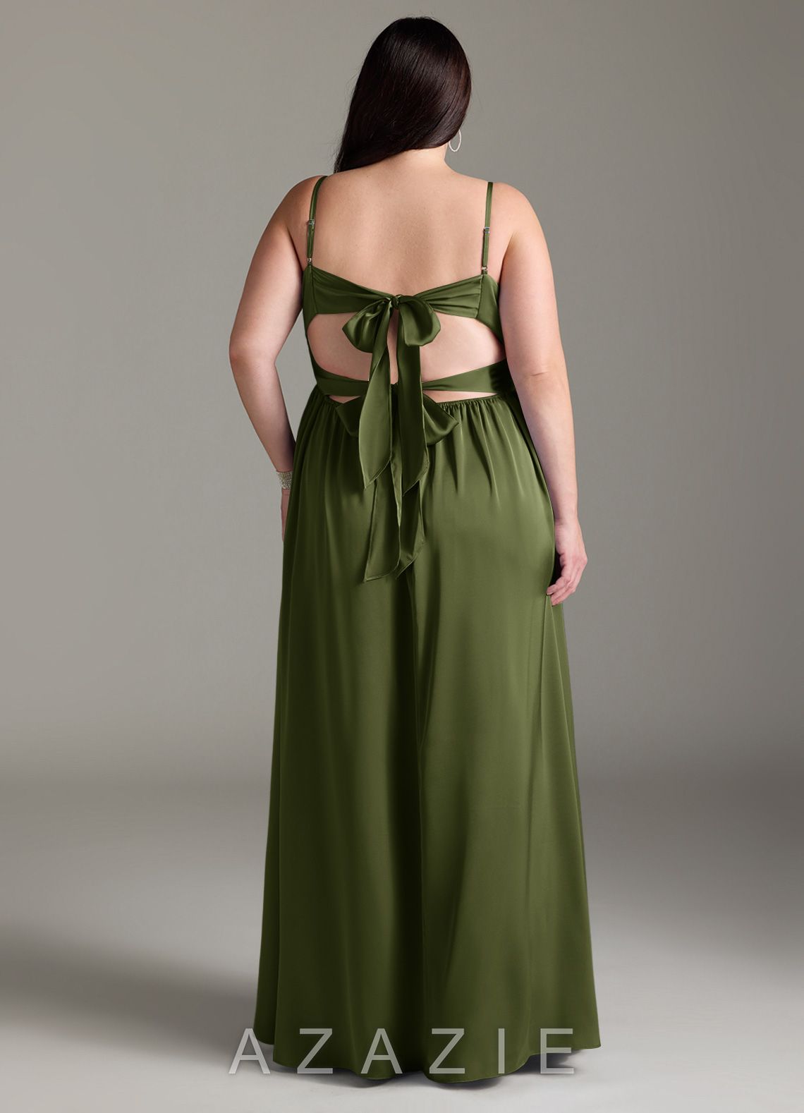 Azazie Zeya Olive A-Line Pleated Stretch Satin Dress olive
