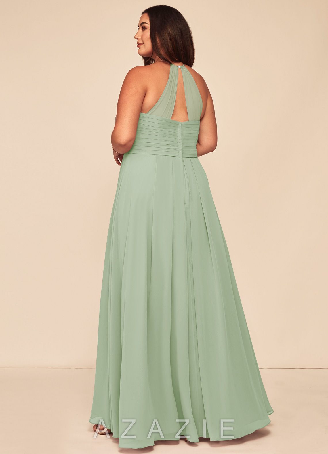 Azazie Ginger Dusty Sage A-Line Halter Pleated Chiffon Dress dusty_sage