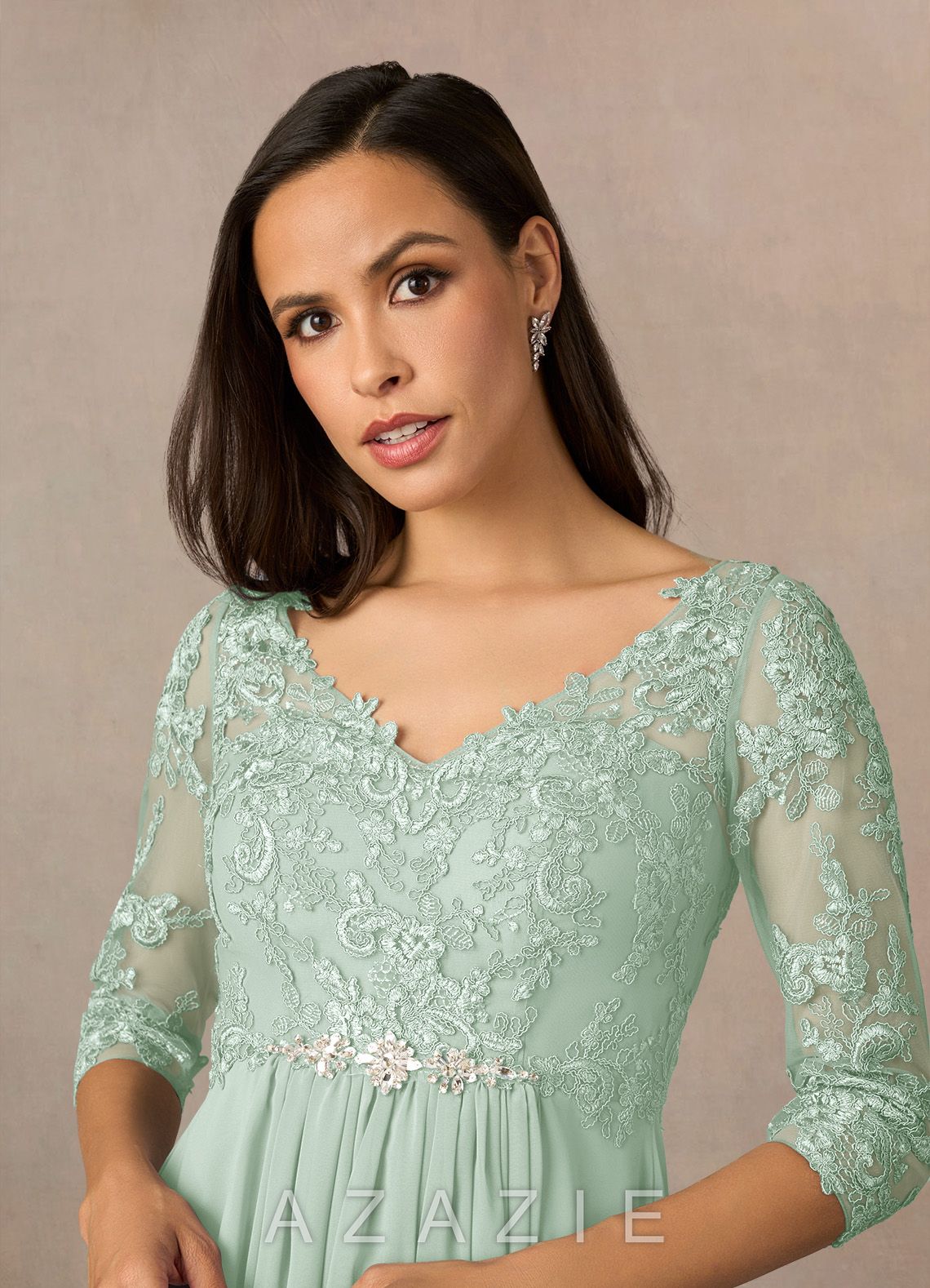 Azazie Hayek Agave A-Line V-Neck Lace Chiffon Dress agave