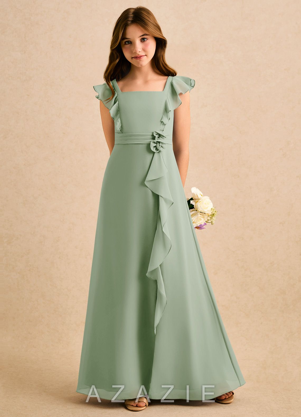 Azazie Soso Girls Formal Dusty Sage A-Line Pleated Chiffon Dress dusty_sage