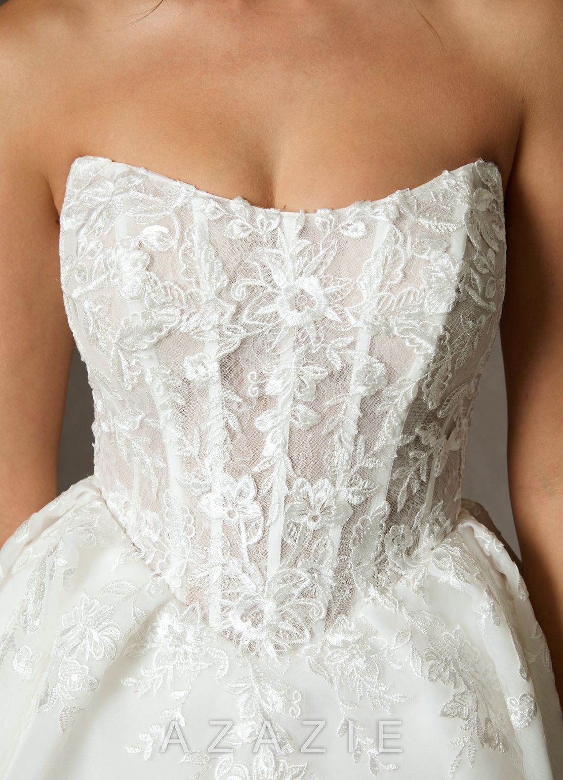 Azazie Ainsley Diamond White Ball-Gown Strapless Lace Dress