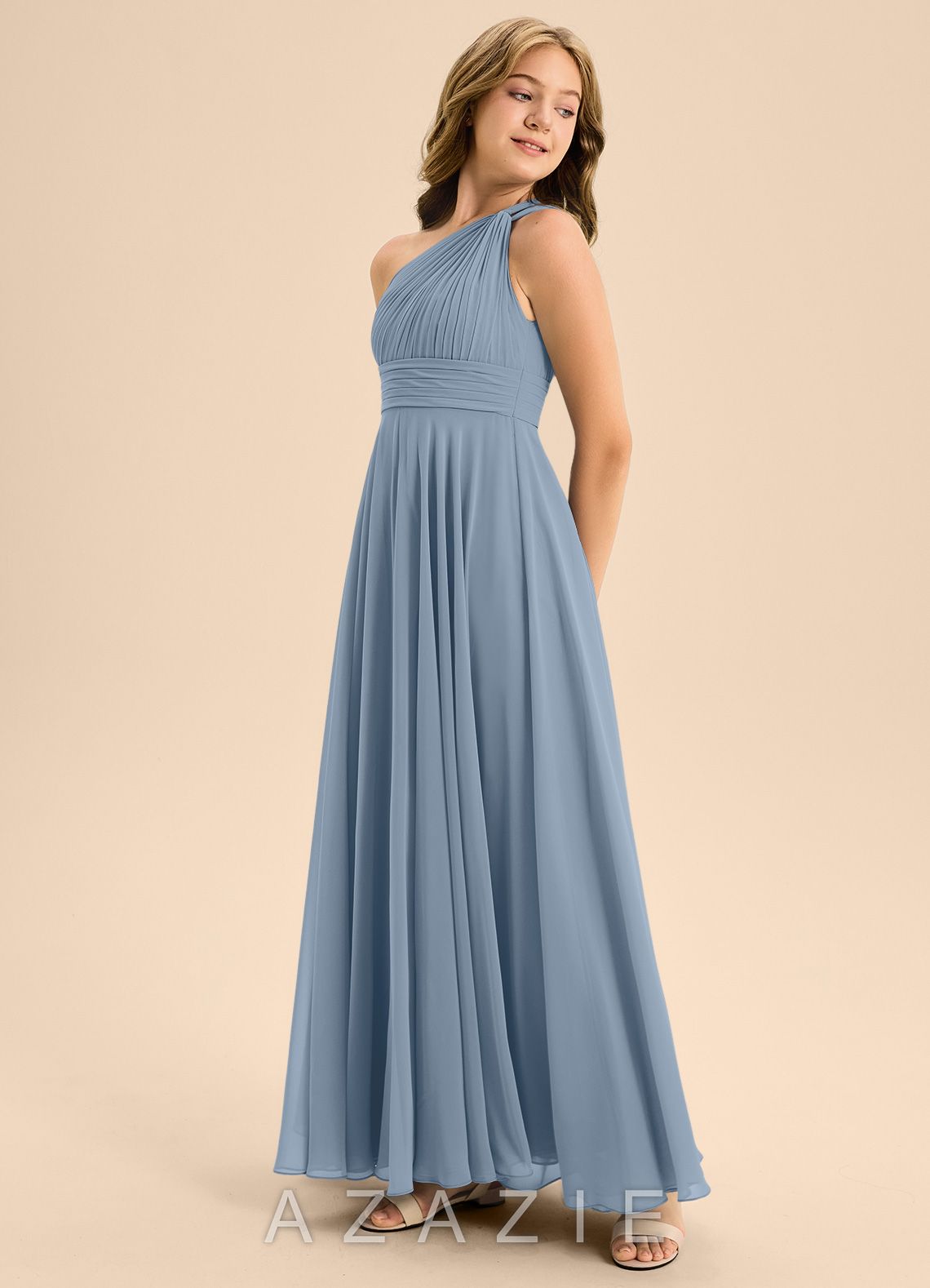 Azazie Charlize Junior Dusty Blue A-Line Pleated Chiffon Dress dusty_blue
