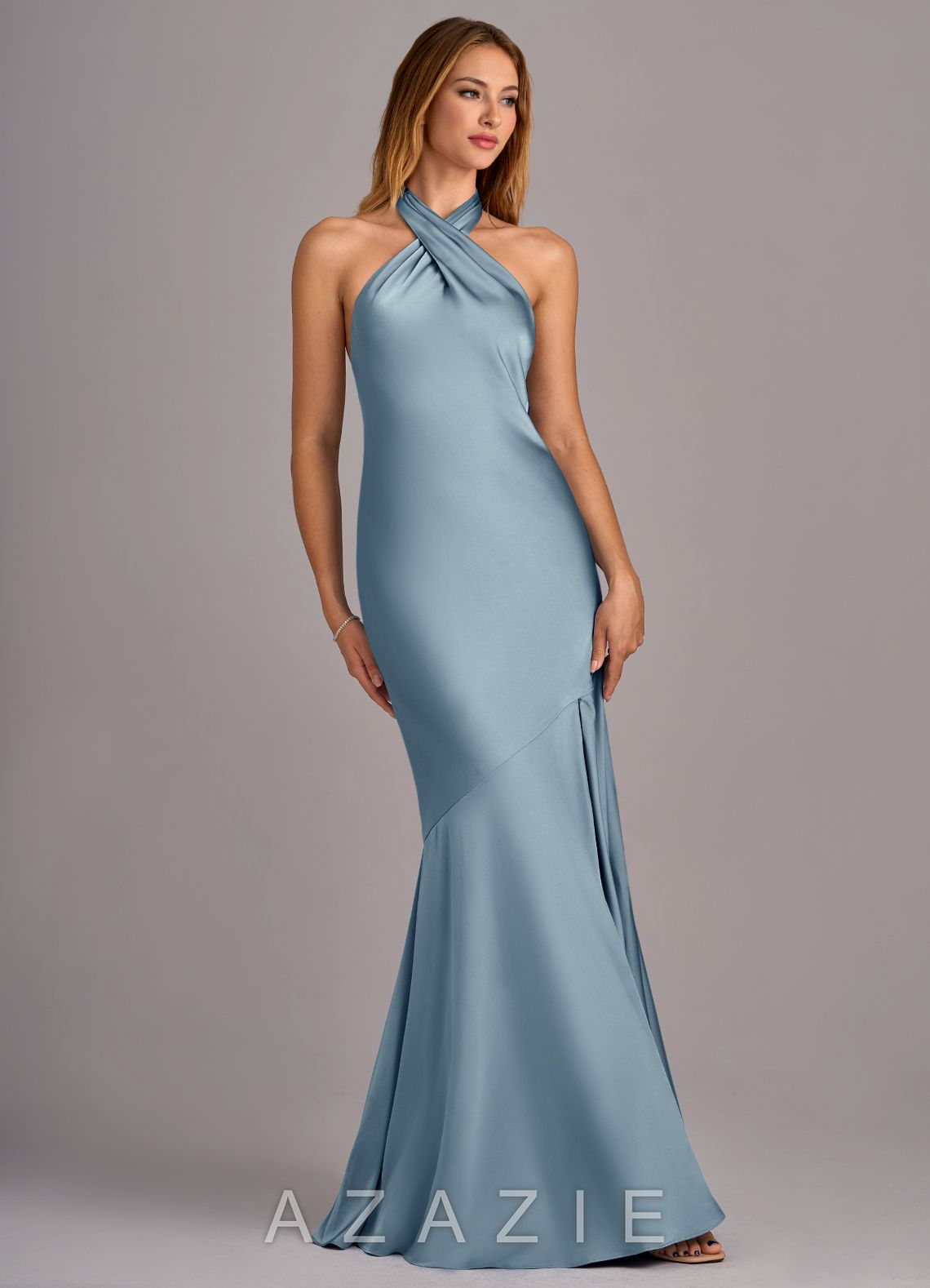 Azazie Lorena Dusty Blue Mermaid Pleated Stretch Satin Dress dusty_blue