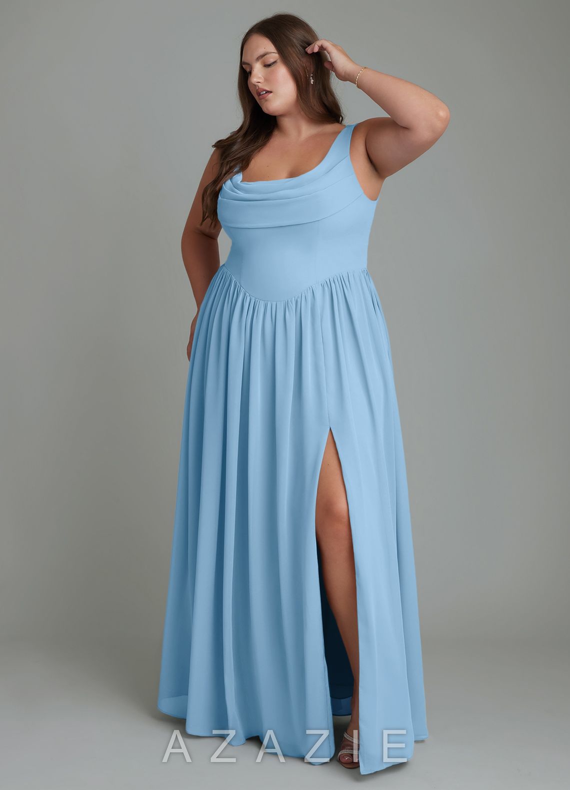 Azazie Novi Steel Blue A-Line Pleated Chiffon Dress steel_blue