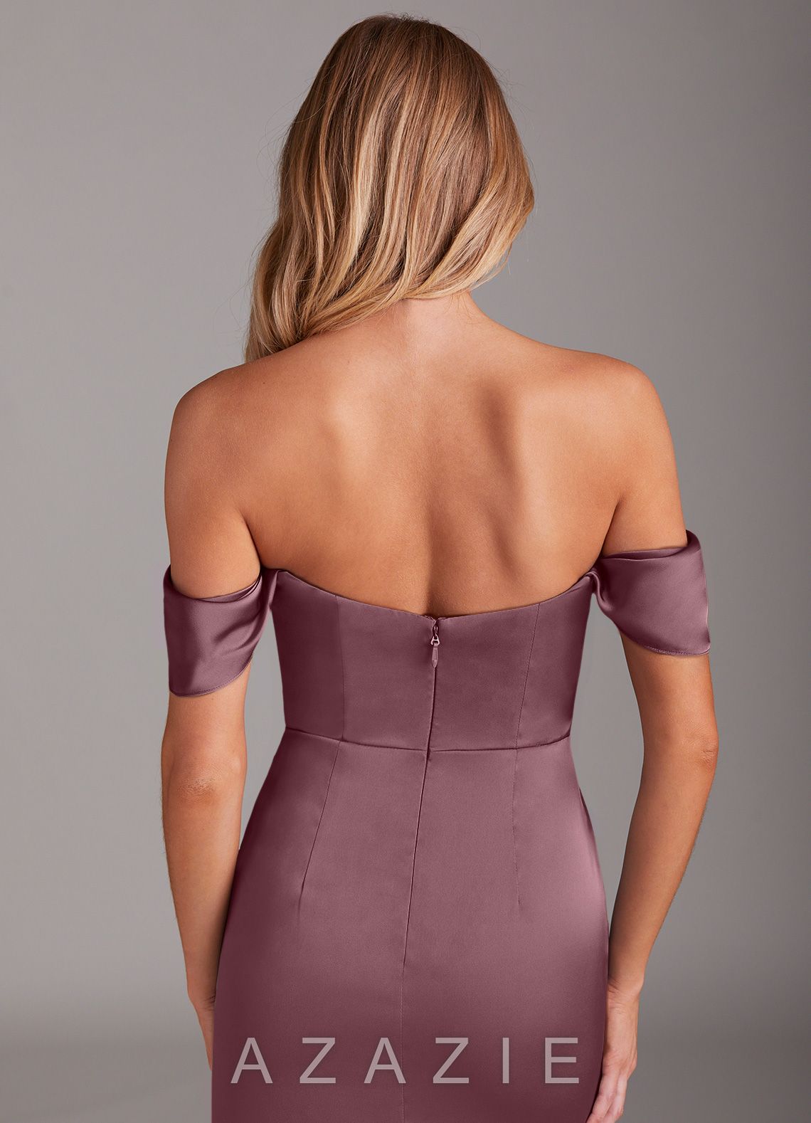 Azazie Saige Amethyst Sheath Off the Shoulder Stretch Satin Dress amethyst