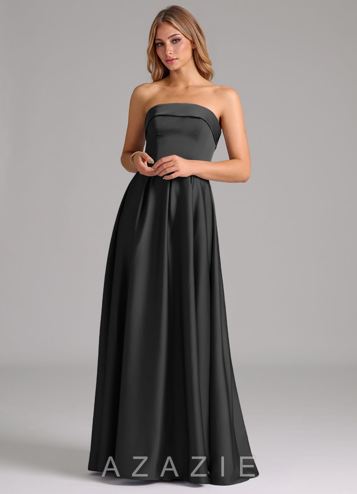 Azazie Lucienne Black A-Line Strapless Stretch Satin Convertible Dress black