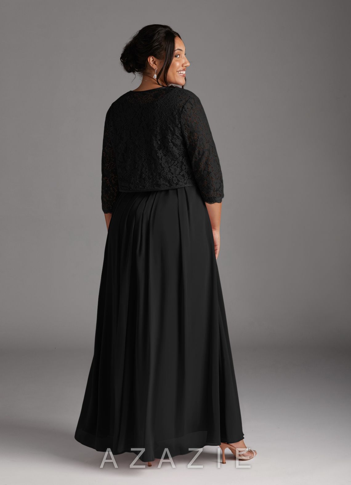 Azazie Ainsling Black A-Line Square Neckline Lace Chiffon Dress black