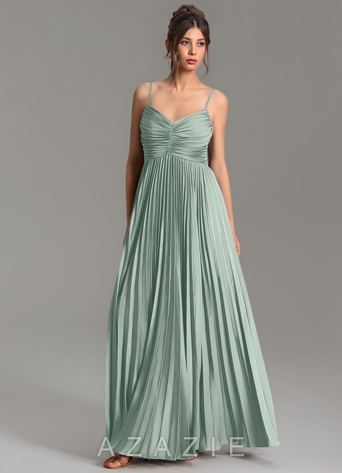 Azazie Blake Agave A-Line Pleated Stretch Satin Dress agave