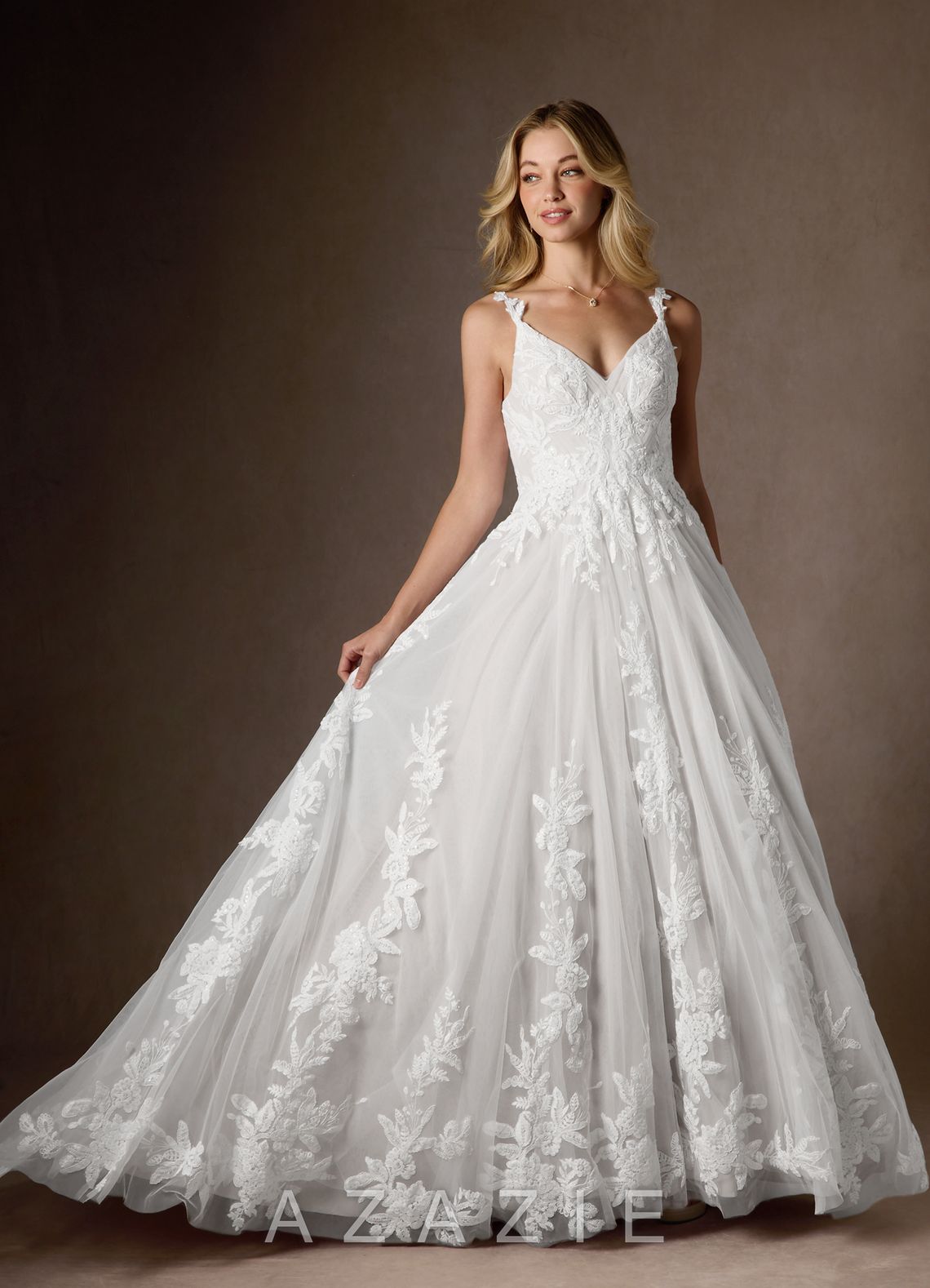 Azazie Delaina Wedding Dress Diamond White A-Line V-Neck Sequins Tulle Dress diamond_white