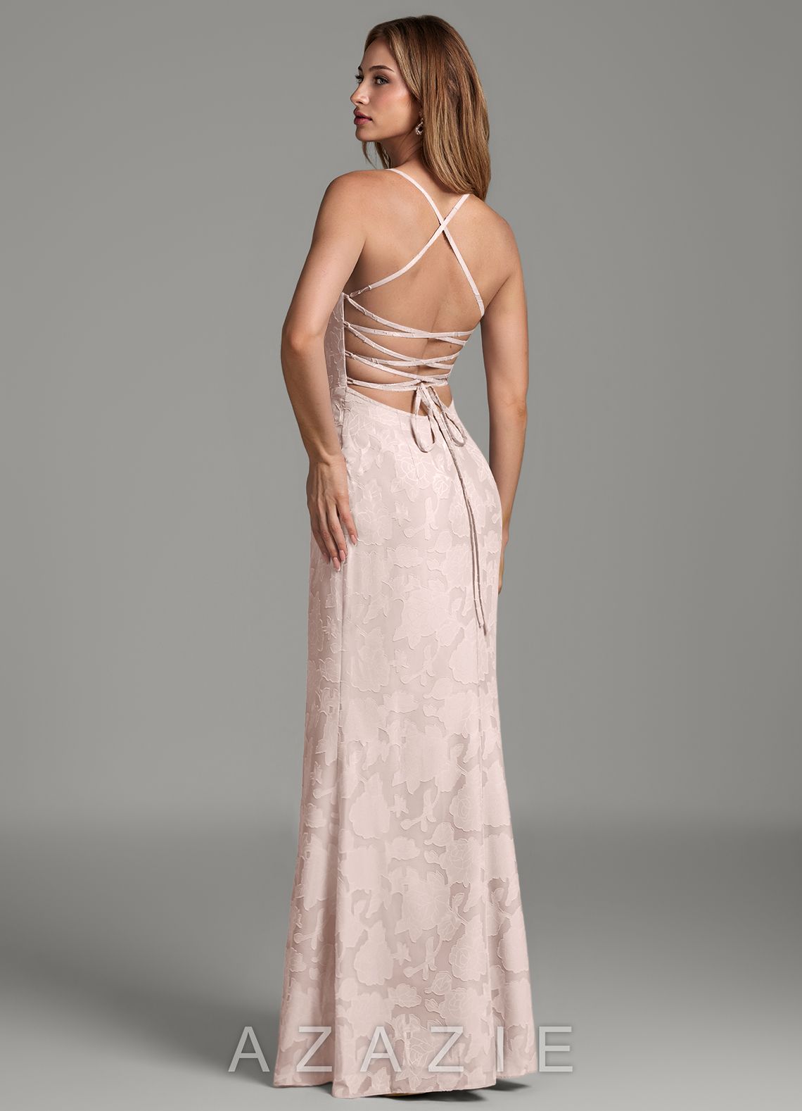 Azazie Dara Blushing Pink Mermaid Corset Floral Burnout Dress blushing_pink