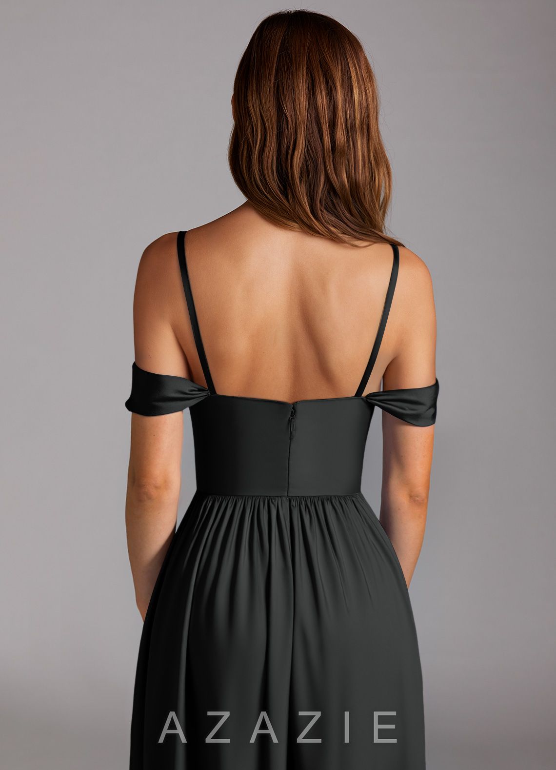Azazie Calianna Black A-Line Off the Shoulder Stretch Satin Convertible Dress black