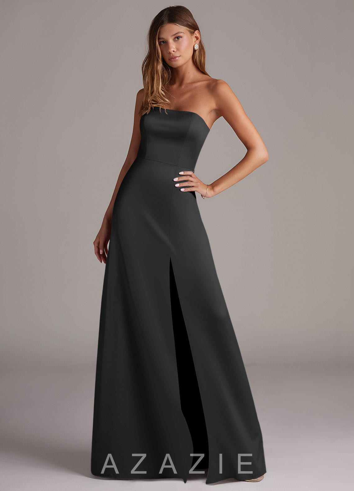 Azazie Wren Black A-Line Strapless Stretch Satin Convertible Dress black