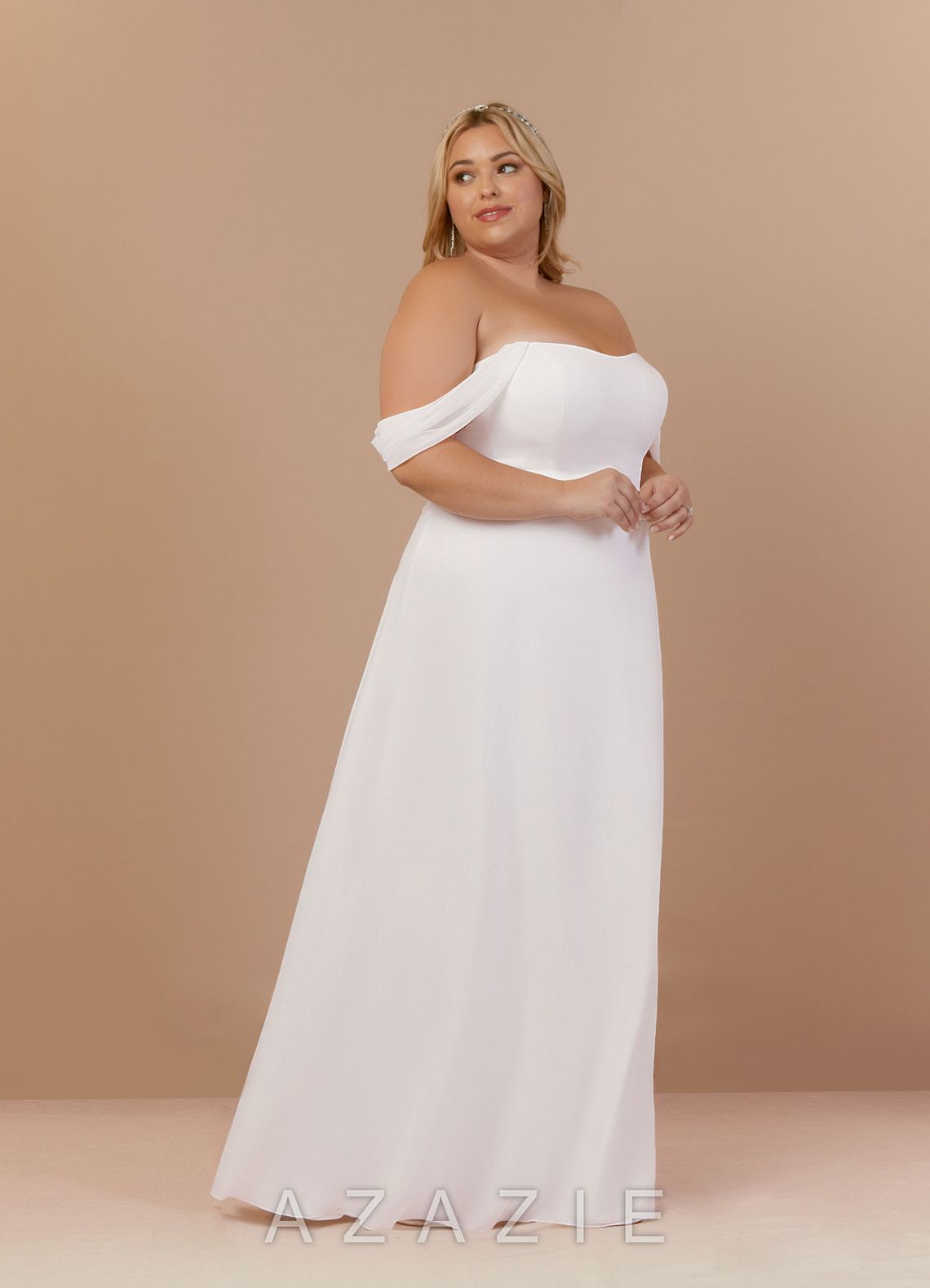 Azazie Ava Wedding Dress Diamond White A-Line Off the Shoulder Stretch Chiffon Dress diamond_white