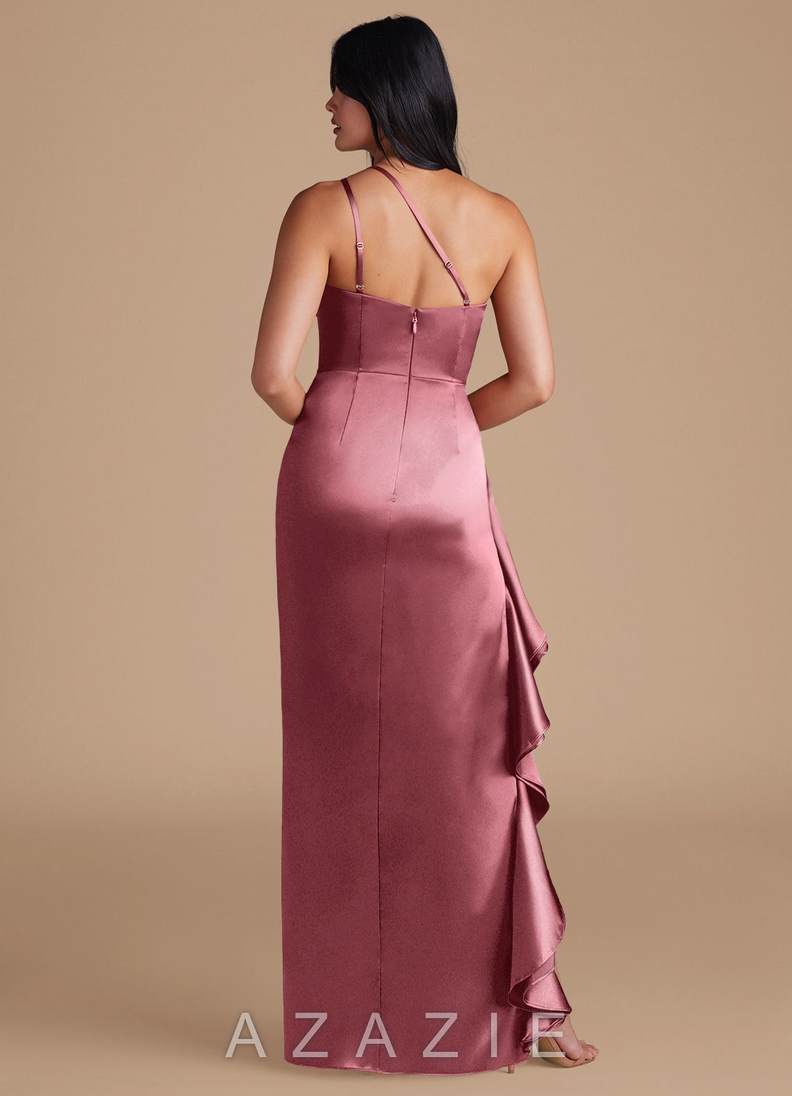 Azazie Latrice Desert Rose Sheath One Shoulder Metallic Satin Dress desert_rose