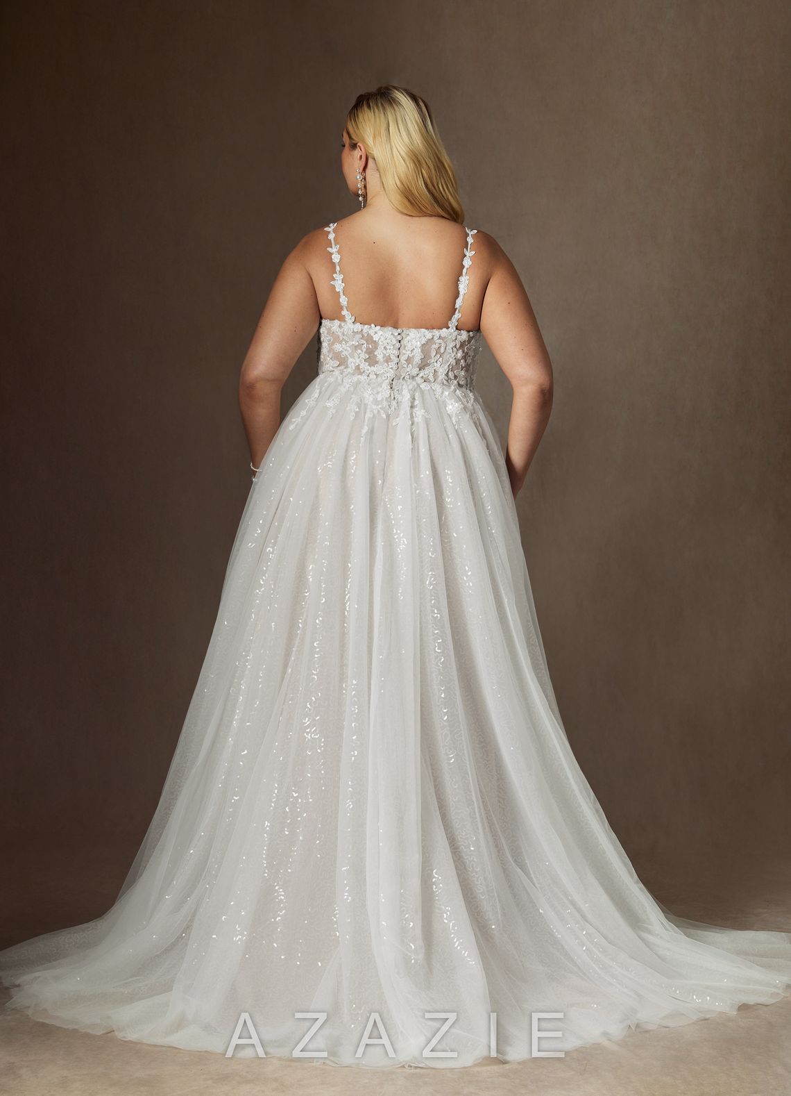Azazie Florian Wedding Dress Diamond White A-Line V-Neck Sequins Tulle Dress diamond_white