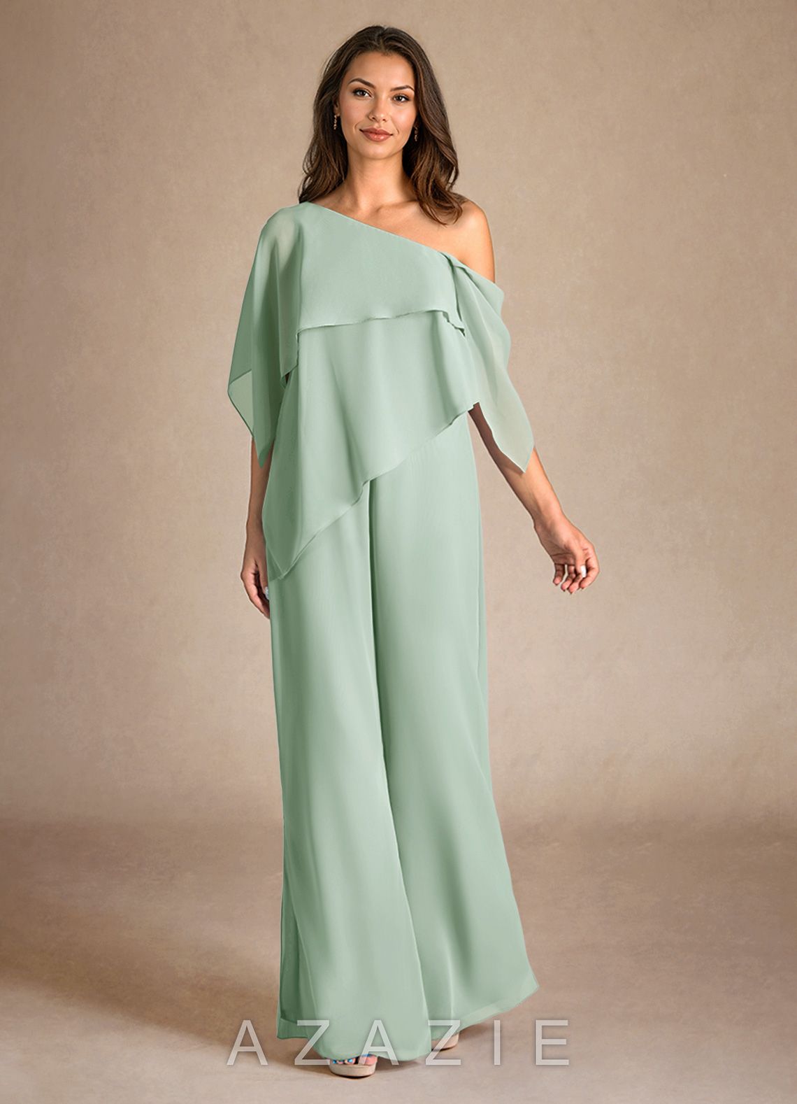 Azazie Halima Agave Jumpsuit/Pantsuit Side Slit Chiffon Dress agave
