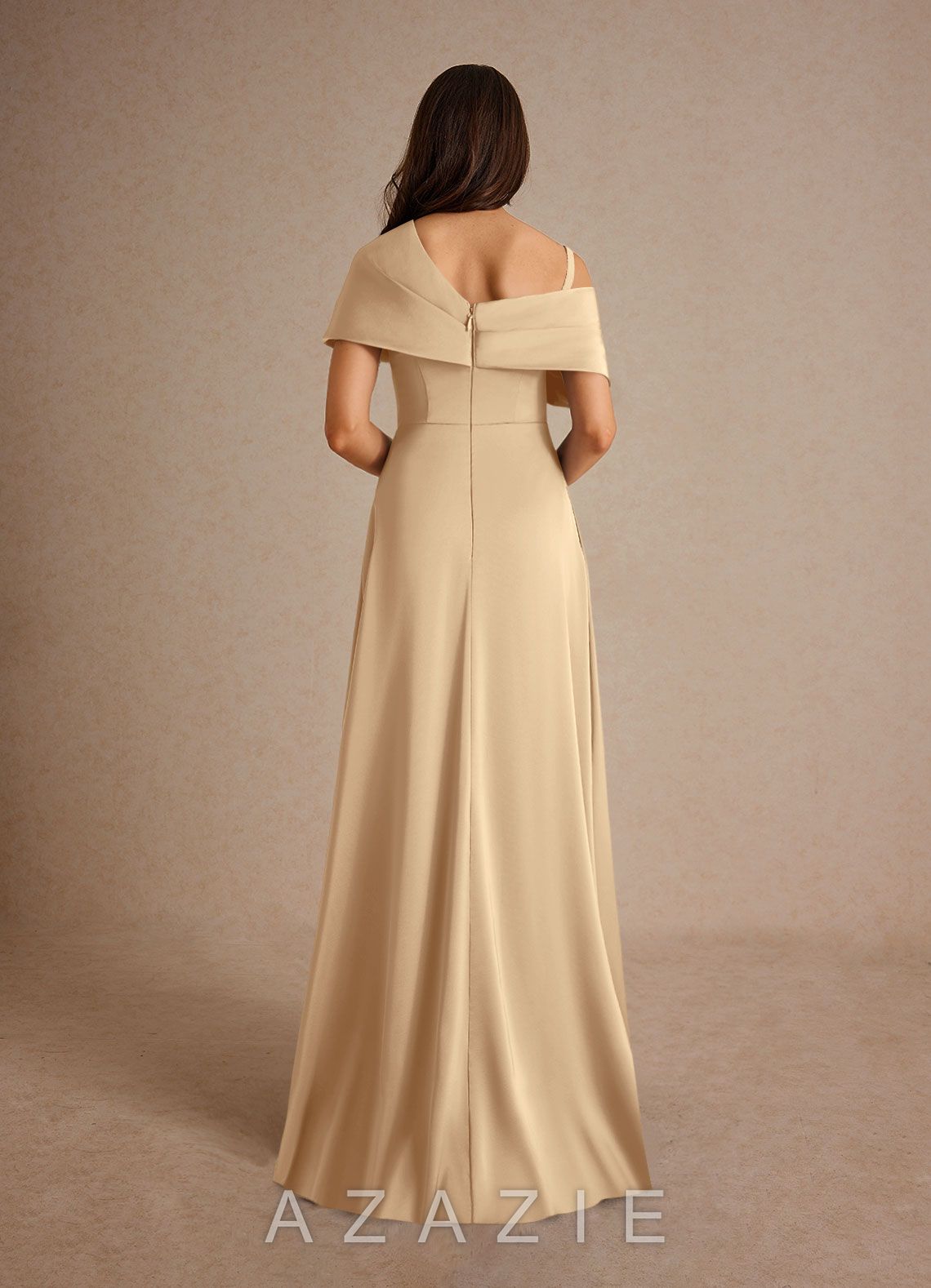 Azazie Milton Champagne A-Line Pleated Stretch Satin Dress champagne