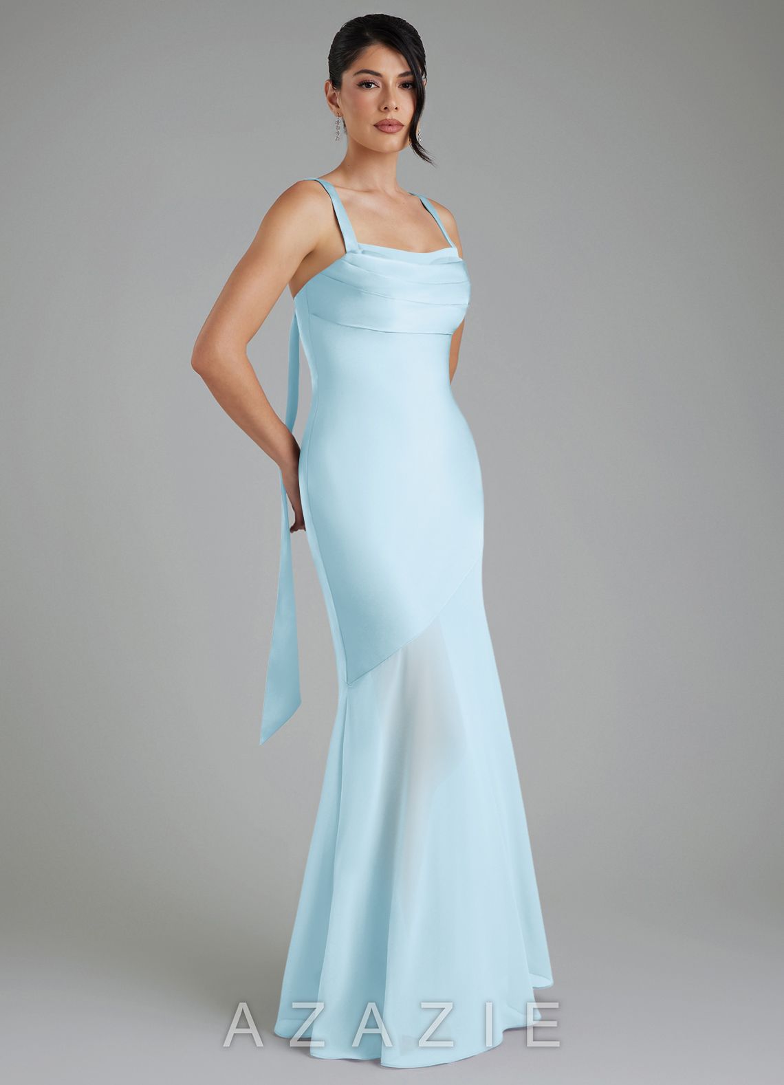 Azazie Piper Sky Blue Mermaid Pleated Stretch Satin Dress sky_blue