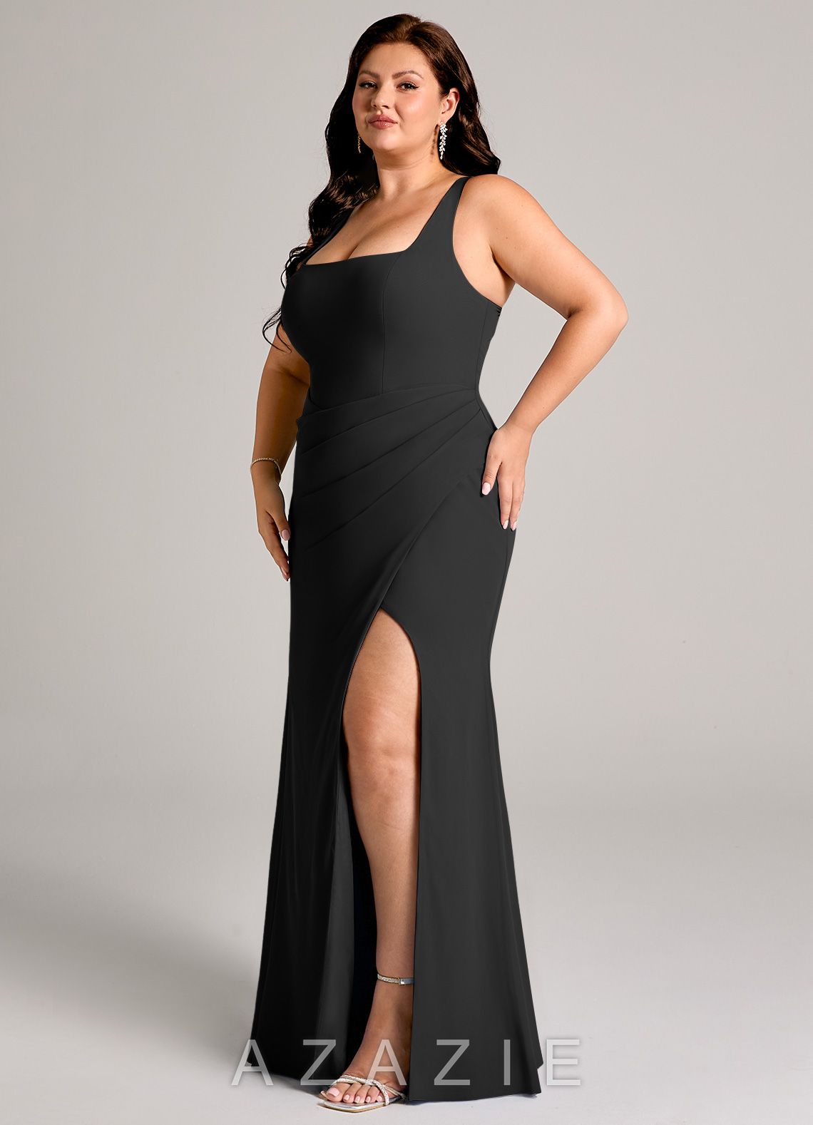 Azazie Mero Black Sheath Pleated Chiffon Dress black