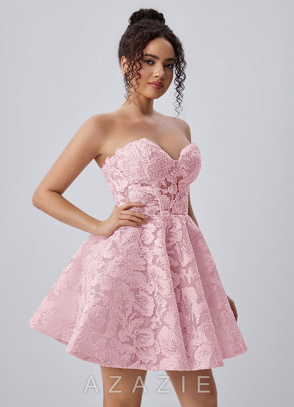 Mireille Pink Strapless Floral Lace Corset Skater Mini Dress