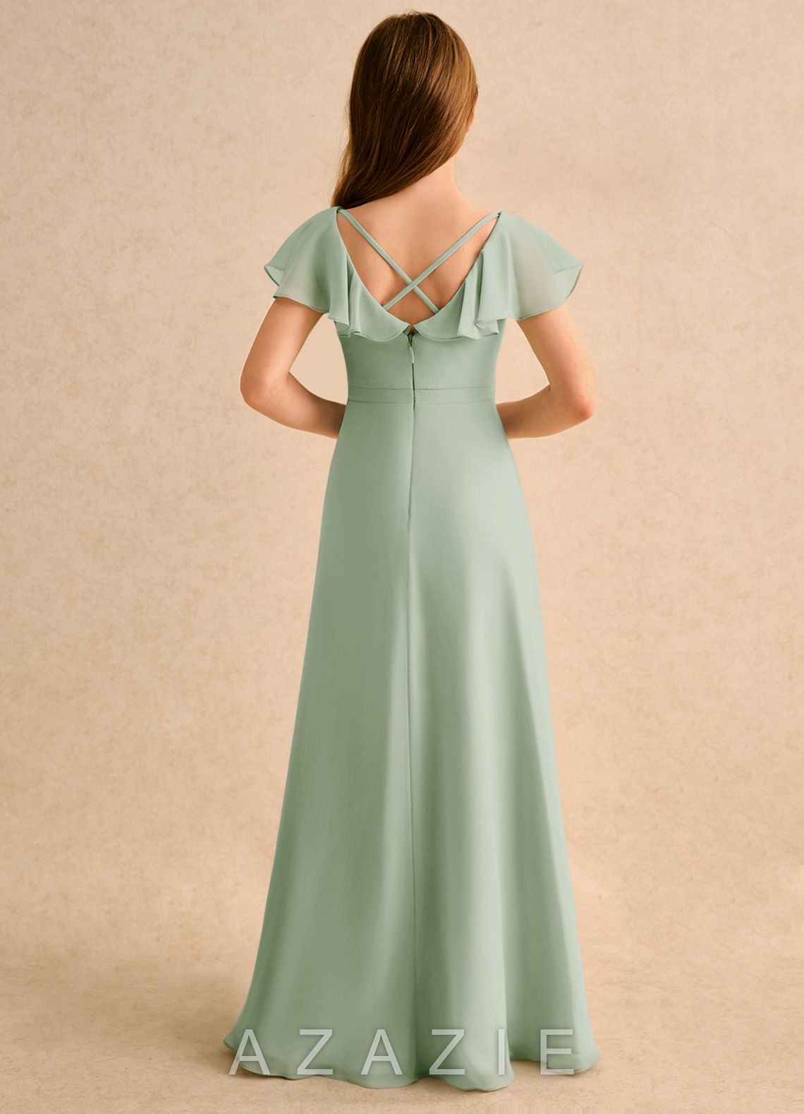 Azazie Nari Girls Formal Dusty Sage A-Line with Sleeves Chiffon Dress dusty_sage
