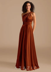 Azazie Charlize Auburn A-Line One Shoulder Metallic Satin Dress