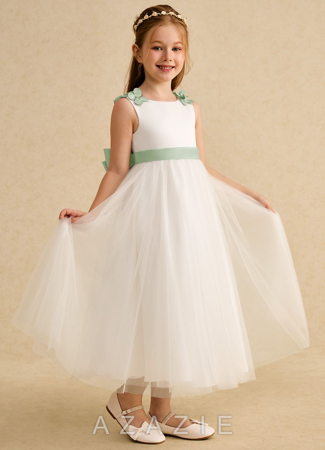 Azazie Lilli Ivory Dusty Sage A-Line Bow Tulle Dress