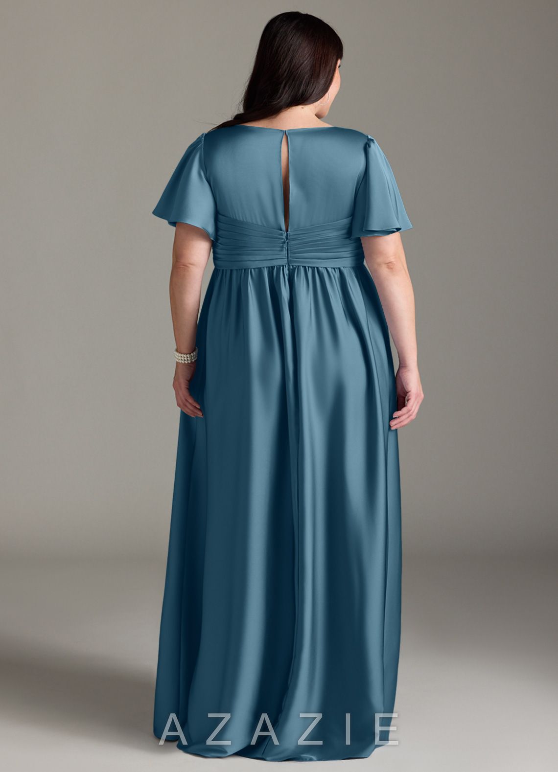Azazie Verna A-Line Ruched Stretch Satin Floor-Length Dress bermuda