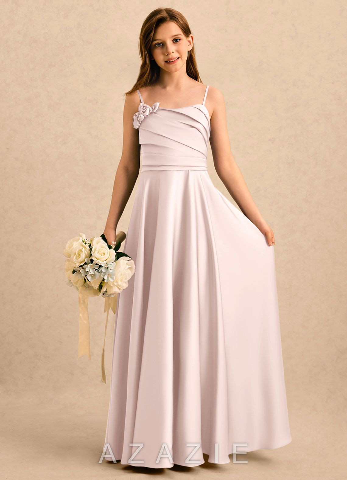 Azazie Gracie Girls Formal Blushing Pink A-Line Sweetheart Neckline Stretch Satin Dress