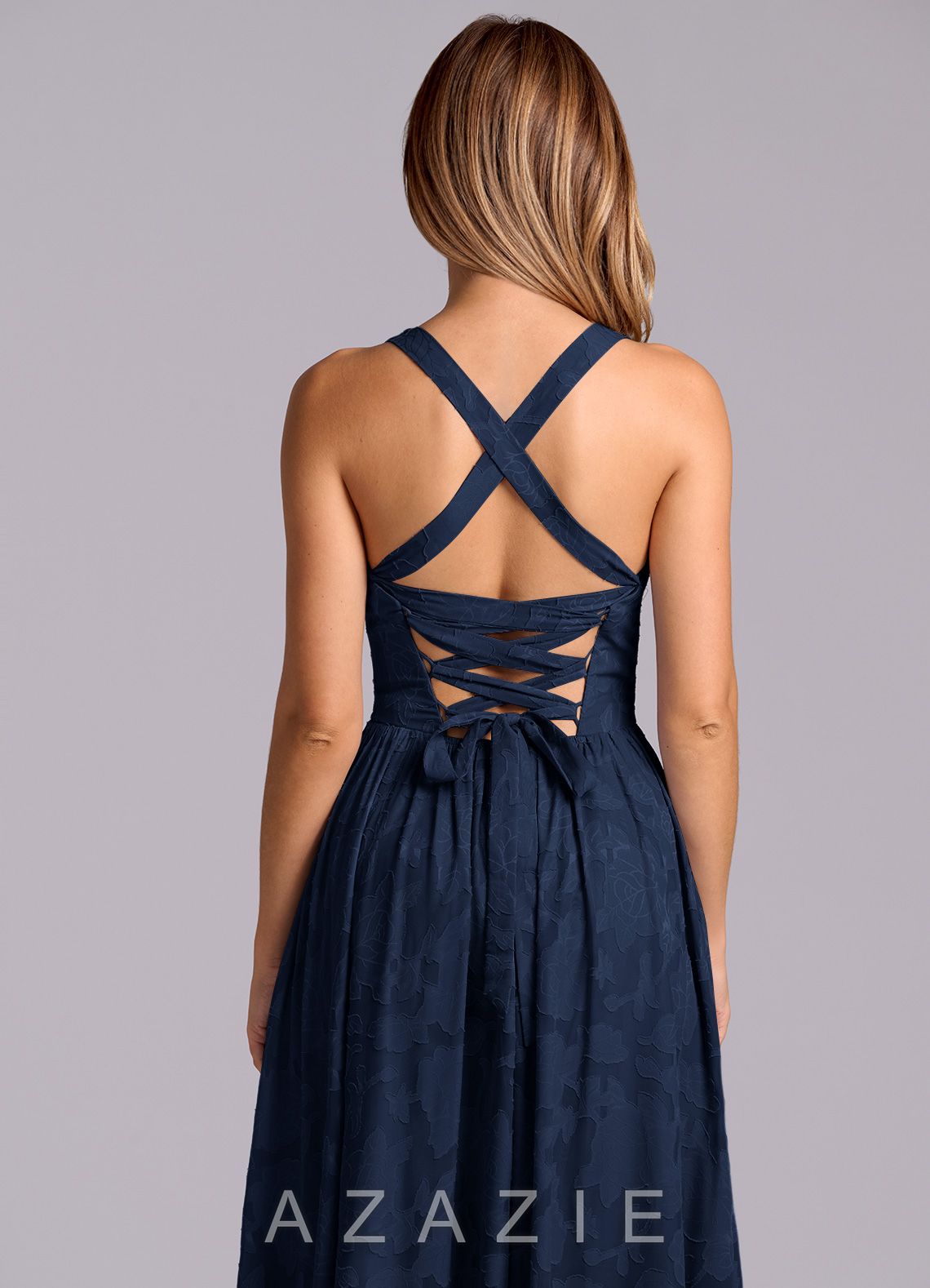 Azazie Francis Dark Navy A-Line Corset Floral Burnout Dress dark_navy