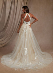 Azazie Dysis Wedding Dress Diamond White Champagne A-Line Halter Sequins Tulle Dress diamond_white/champagne