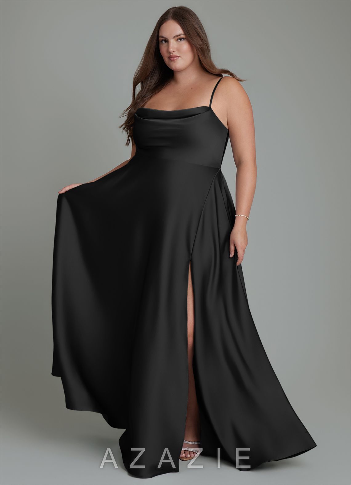 Azazie Elle Black A-Line Pleated Stretch Satin Dress black