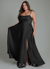 Azazie Elle Black A-Line Pleated Stretch Satin Dress black