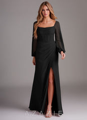 Azazie Charissa Black Sheath Long Sleeve Chiffon Dress black