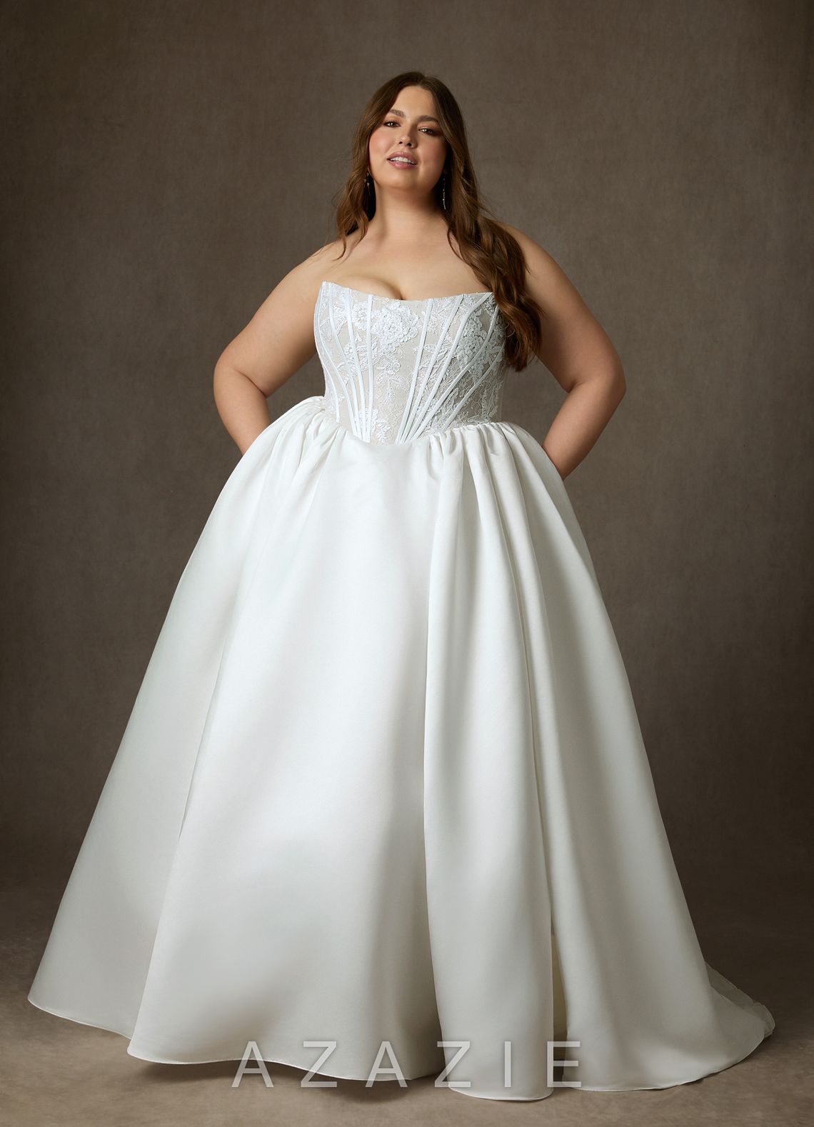 Azazie Mirabeth Diamond White Ball-Gown Strapless Lace Dress diamond_white