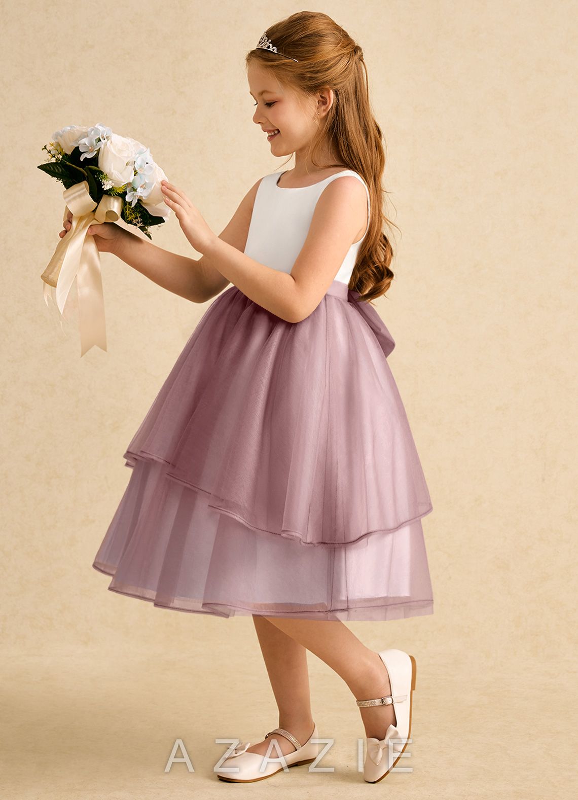 Azazie Rene Ivory Dusty Rose A-Line Bow Tulle Dress ivory/dusty_rose