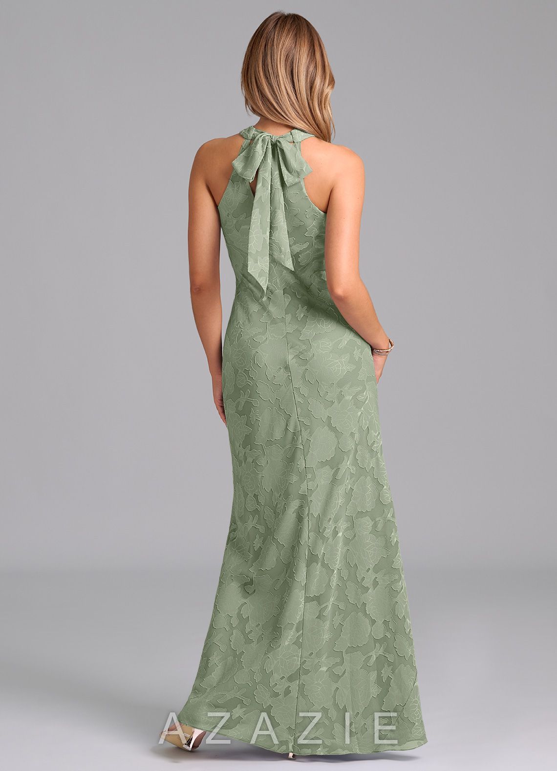 Azazie Doretta Agave Mermaid Pleated Floral Burnout Dress agave